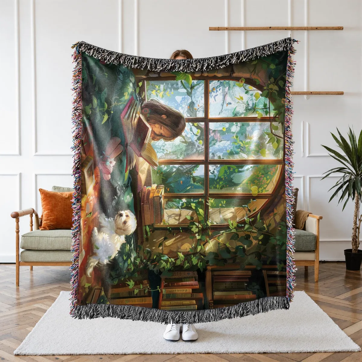 Whimsical Girl and Dog Woven Blanket
