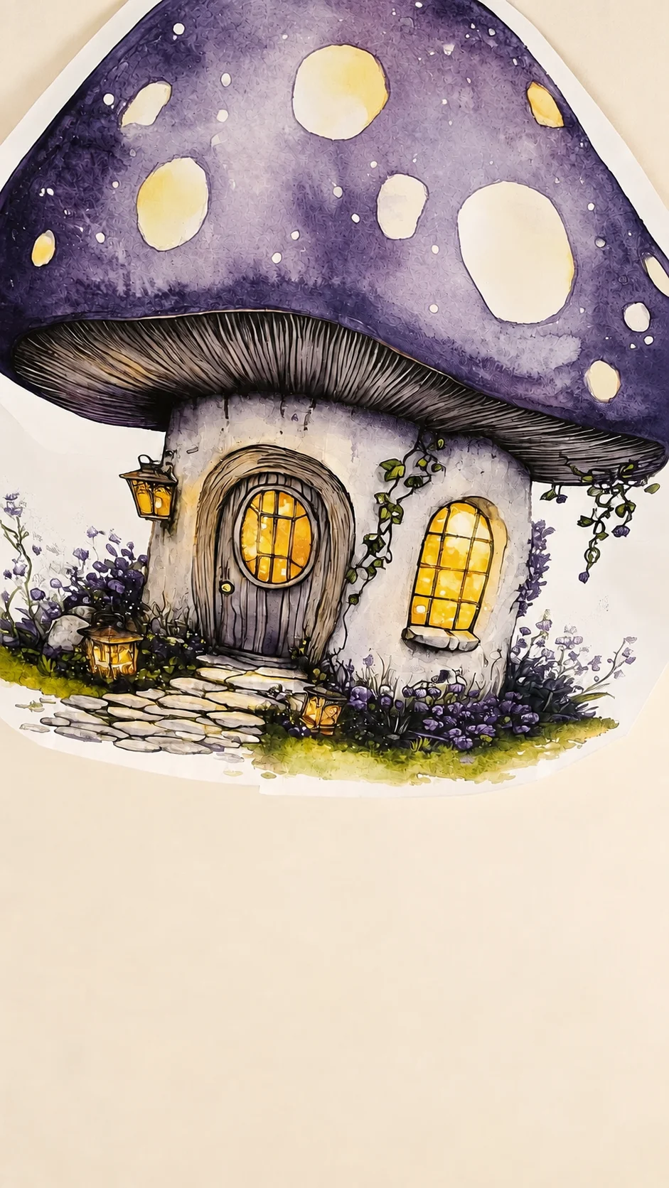 Printed fairy house with a purple mushroom cap, yellow windows, and flowers around the door, shown against an edited cream background.