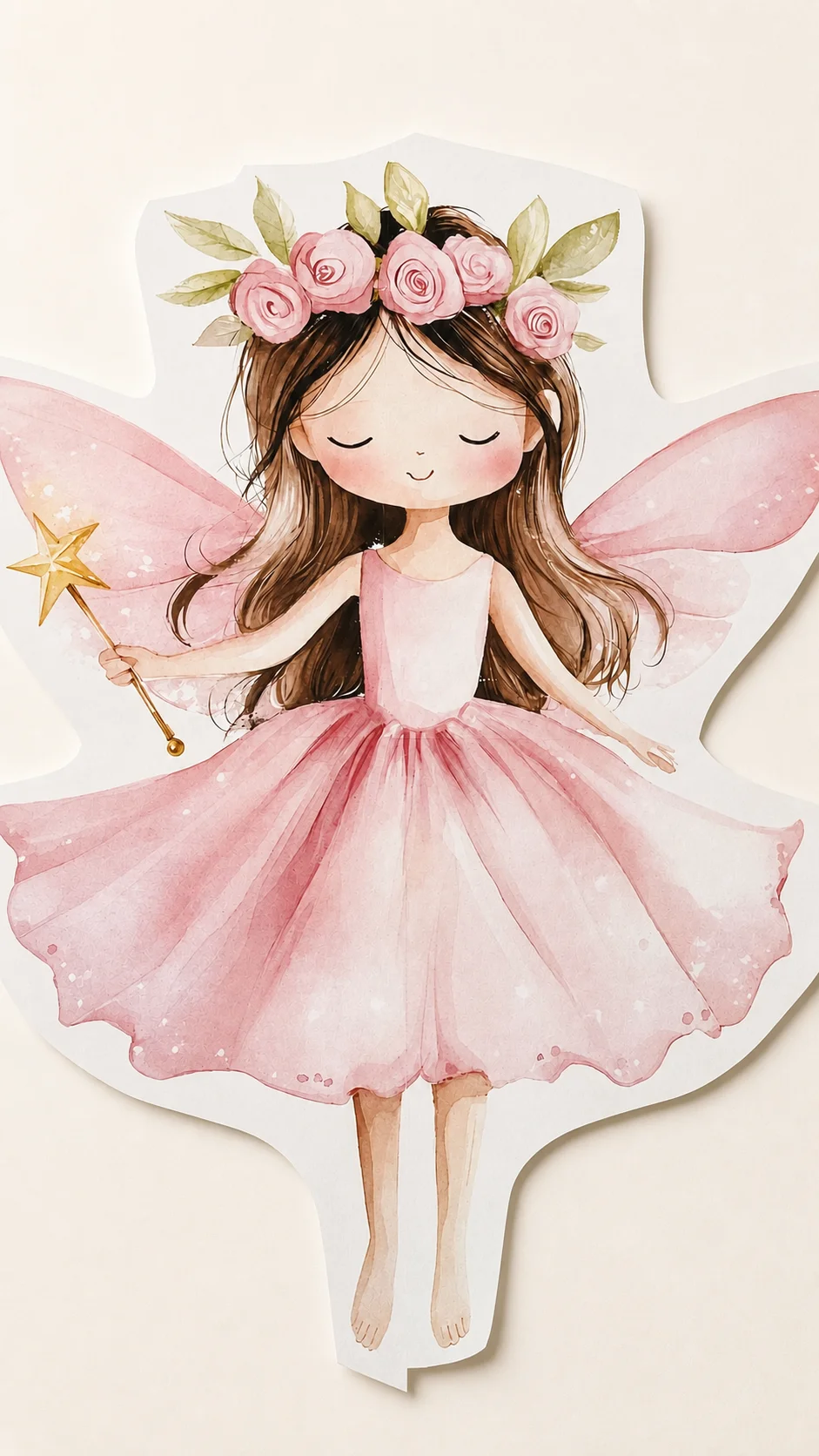 Printed pink fairy decoration with a floral crown, star wand, and white paper border on an edited cream background.