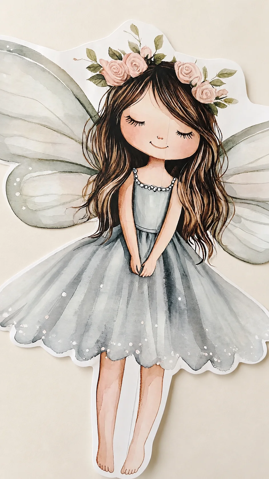 Printed fairy with a blue-green dress, pale green wings, and a rose crown on an edited cream background.